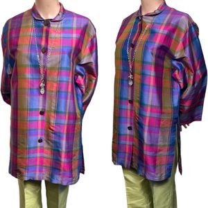 Vintage California Style Shirt Pure Silk Plaid Longline Banded Collar Si…